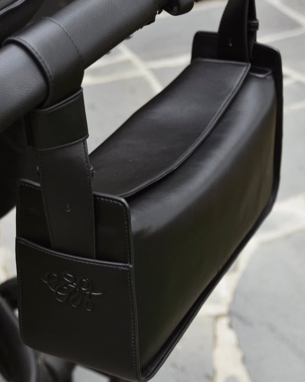 RHEA-Pram-Bag-Black-on-pram-handlebars
